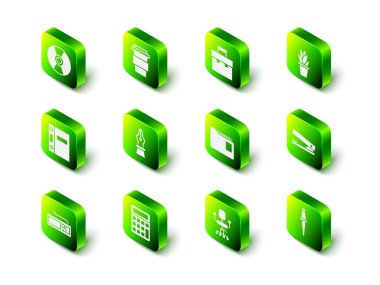 Kahve fincanını paket yap, evrak çantası, demlikte bitki, ofis zımbası, raptiye, belge klasörü, sandalye ve hesap makinesi simgesi. Vektör