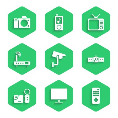Güvenlik kamerası, bilgisayar monitörü, uzaktan kumanda, Smartwatch, Cinema, Router ve wi-fi sinyallerini, Retro TV ve Photo simgesini ayarla. Vektör