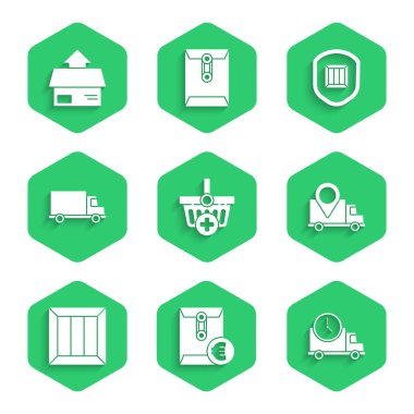 Alışveriş sepetine ekle, avro sembollü zarf, lojistik dağıtım kamyonu ve saat, teslimat takibi, tahta kutu, kargo aracı, güvenlik kalkanı ve karton karton ikon. Vektör