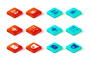 İlk yardım çantasını, Bear Head 'i, geyik boynuzlarını kalkanlara, kibritlere, böceklere ve dürbüne karşı spreyle. Vektör