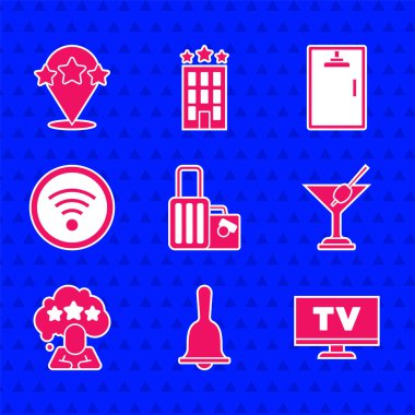 Bavul, otel servis zili, Smart Tv, Martini bardağı, beş yıldızlı değerlendirme, kablosuz internet, duş kabini ve ikon. Vektör