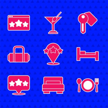 Beş yıldızlı değerlendirme, otel odası yatağı, tabak, çatal ve bıçak, bavul, kapı kilidi anahtarı ve ikon. Vektör