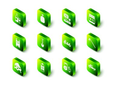 Tam torba, toprak ph testi, tohum tohumu, bahçe çapası, kamyonet, traktör ve gübre ikonu. Vektör