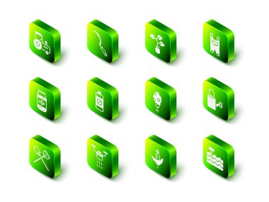 Orak, Bitki, Bahçe işçisi kıyafetleri, Sulama kutusu, yatak, elmalı ağaç, mısır ve akıllı çiftlik dronu ikonu. Vektör