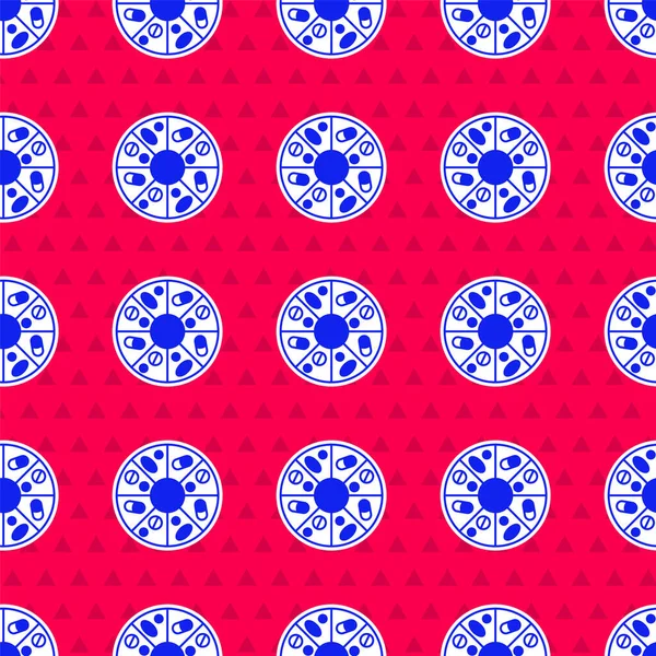 İlaç kapsülü ikonunun mavi vitamin kompleksi kırmızı zemin üzerinde izole edilmiş kusursuz desen. Sağlıklı bir yaşam tarzı. Vektör