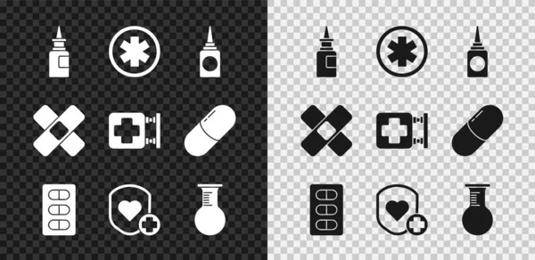 Σετ ρινικό σπρέι μπουκαλιών, ιατρικό σύμβολο της έκτακτης ανάγκης, χάπια σε συσκευασία κυψέλης, Shield and heart rate, φιάλη δοκιμαστικού σωλήνα, σταυρωτός γύψος επίδεσμου και εικονίδιο πινακίδας νοσοκομείου. Διάνυσμα — Διανυσματικό Αρχείο