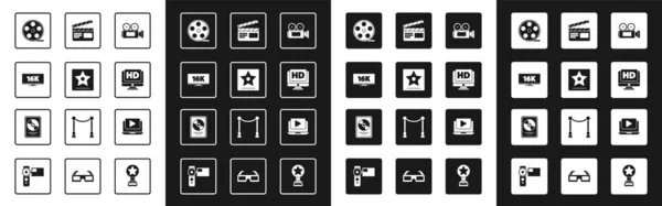 Set Cinema κάμερα, Χόλιγουντ με τα πόδια του σταρ της φήμης, τηλεόραση με οθόνη 16k, Κινηματογράφος κύλινδρος, Monitor HD βίντεο, Movie clapper, Online play και CD δίσκο εικονίδιο πλαίσιο απονομής. Διάνυσμα — Διανυσματικό Αρχείο