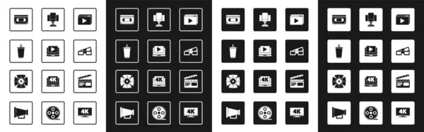 Set Online play video, Paper glass with water, VHS cassette tape, 3D cinema glasses, Director movie chair, Movie clapper and spotlight icon. Vector — Stock Vector