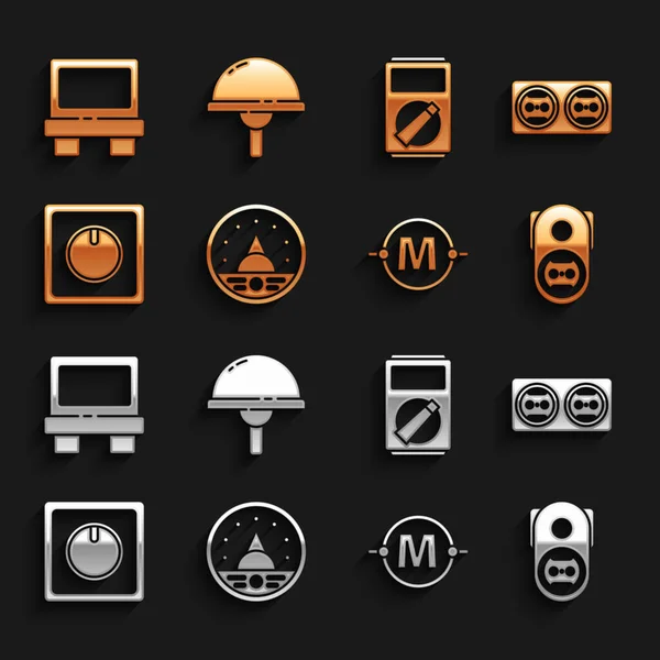 Set ampère meter, multimeter, voltmeter, stopcontact, schakelschema, lichtschakelaar, multimeter, zekering en lichtemitterende diode icoon. Vector — Stockvector