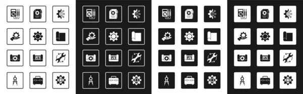 Set Algorithmus, Zahnrad und Pfeile als Workflow, Einstellungen in der Hand, Multimeter, Grafikpapier für Engineering, Dokumenteinstellungen Stift, Schraubenschlüssel und Zahnrad-Symbol. Vektor — Stockvektor
