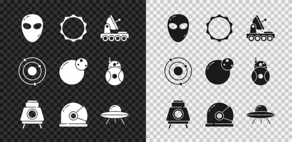 Uzaylı, Güneş, Mars gezgini, astronot miğferi, UFO uçan uzay gemisi, güneş sistemi ve gezegen ikonu. Vektör — Stok Vektör