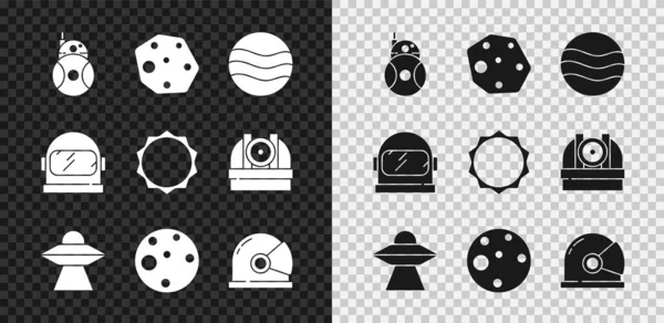 Set Robot, asteroide, planeta, nave espacial UFO, Marte, casco de astronauta e icono del sol. Vector — Archivo Imágenes Vectoriales