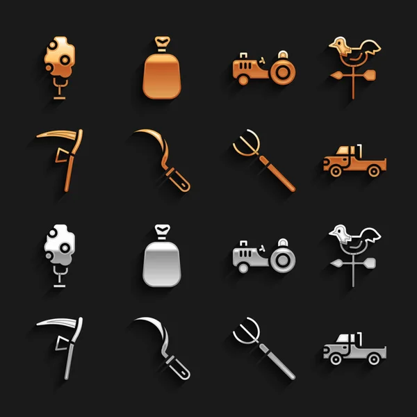 Set hoz, veleta de gallo, camioneta, horquilla de jardín, guadaña, tractor, árbol con manzana y el icono de saco completo. Vector — Archivo Imágenes Vectoriales