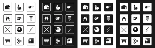 Set bola de bolos, billar, resto, camisa, bolsillo, pin y, señal y cruzado señales de billar icono. Vector — Archivo Imágenes Vectoriales