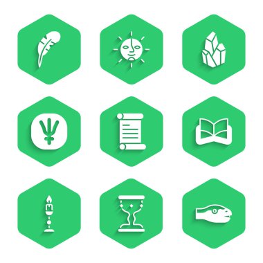 Kararname, parşömen, parşömen, tomar, ortaçağ kadehi, yılan, antik büyü kitabı, yanan mum, Neptün gezegeni, sihirli taş ve tüy kalem ikonu. Vektör