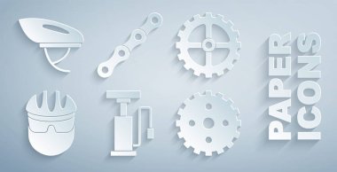 Bisiklet pompası, sproket kolu, kask, zincir ve ikon ayarlayın. Vektör