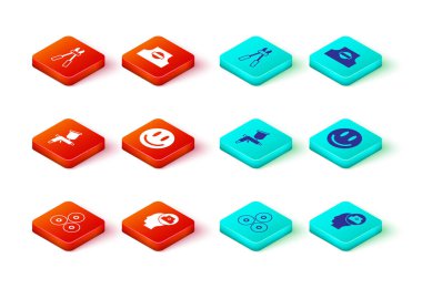 Boya spreyi kutusu, sprey başlık, silah, gülen yüz ve cıvata kesici ikonu. Vektör