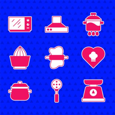 Hamur, Spatula, Pul, Şef şapkası, Tencere, Meyve Suyu ve Mikrodalga fırın ikonu üzerine iğne koyun. Vektör