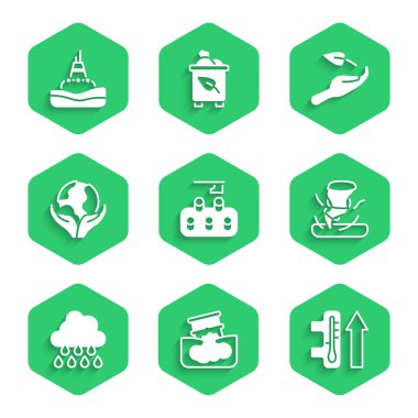 Ormansızlaştırma, fıçı yağı sızıntısı, küresel ısınma, kasırga, yağmurlu bulut, Dünya 'yı tutan el küresi, filizlenen el ve yüzen şamandıra. Vektör