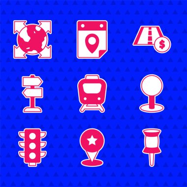 Treni ayarla, yıldızlı harita işaretçisi, pin, trafik ışığı, trafik levhası, paralı yol ve dünya pusula simgesi. Vektör