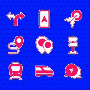 Konum, yüksek hızlı tren, şehir haritası navigasyon bilgileri, yol trafik işareti, tren, rota konumu ve simge. Vektör