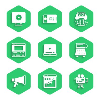 Online oyun videosu, Histogram grafik fotoğrafçılığı, Retro sinema kamerası, daktilo, megafon, video kaydedici laptop, VFX ve ikon. Vektör