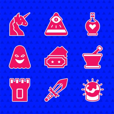 Bilet, ortaçağ kılıcı, sihirli top, havan topu ve tokmak, kale kulesi, hayalet, aşk iksiri ve tek boynuzlu at ikonu. Vektör