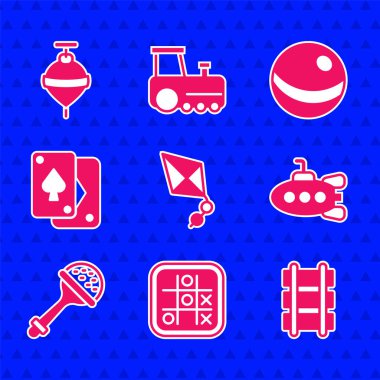 Set Kite, Tic Tac toe oyunu, Oyuncak demiryolu, Denizaltı oyuncağı, Çıngıraklı Bebek, iskambil kartları, plaj topu ve Whirligig ikonu. Vektör