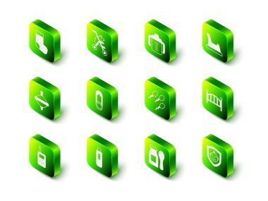 Bebek arabası, şişe, lazımlık, beşik yatağı, kalkan, sperm, yoğurt, kaşık ve hamilelik testi ikonu. Vektör