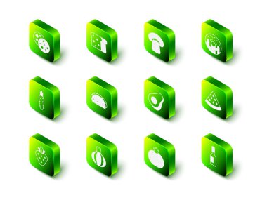 Ekmek tostu, mantar, çörek, karpuz, acı sos, avokado meyvesi, domates ve soğan ikonu. Vektör