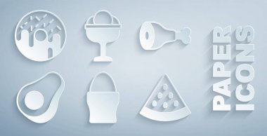 Tavuklu yumurta standa, bacağa, avokado meyvesine, karpuza, dondurmaya ve çörek ikonuna koyun. Vektör