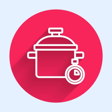 Beyaz çizgi tencere ikonu uzun gölgeli izole edilmiş. Haşlama ya da güveç besin sembolü. Kırmızı daire düğmesi. Vektör