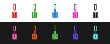 Siyah ve beyaz arkaplanda izole edilmiş ızgara spatula simgesini ayarla. Mutfak spatula ikonu. Barbekü spatula işareti. Barbekü ve ızgara aleti. Vektör