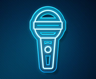 Parlayan neon hattı mikrofon simgesi mavi arkaplanda izole edildi. Radyodaki mikrofondan. Sözcü işareti. Vektör