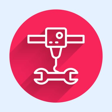 Beyaz çizgi 3D yazıcı anahtarı anahtarı simgesi uzun gölgeli izole edilmiş. 3D baskı. Kırmızı daire düğmesi. Vektör