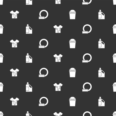 Çöp tenekesi, temizlik malzemesi şişesi, kirli tişört ve bulaşık yıkama şablonu. Vektör