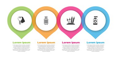 Otel kapı kilidi anahtarı, bavul, kayak, sopa ve güneş kremi şişesini ayarlayın. Ticari bilgi şablonu. Vektör