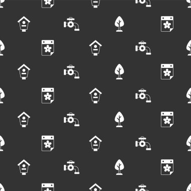 Ormanı, çiçekli takvimi, kuş evini ve su musluğunu kusursuz bir şekilde ayarla. Vektör