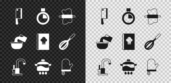 Set Meat chopper, Stopwatch, Rolling pin on dough, Water tap, Cooking pot, Oven glove, Saucepan and Cookbook icon. Vector — Stock Vector
