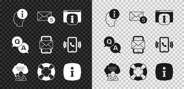 Définir les informations, Nouveau, e-mail message entrant, Moniteur avec des informations FAQ, Chat bulle vocale, Bouée de sauvetage, Questions et réponses et icône de l'enveloppe mobile. Vecteur — Image vectorielle
