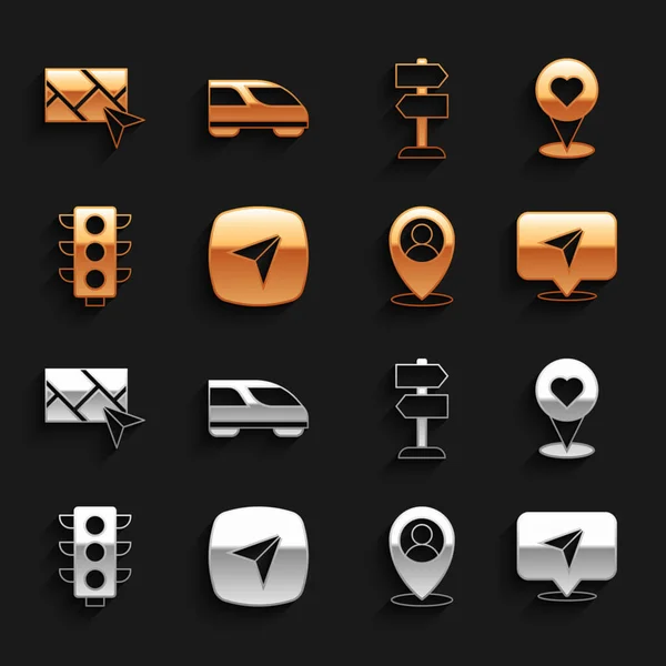 Set Infografik der Stadtplan-Navigation, Standort mit Herz, Person, Ampel, Verkehrszeichen, Stadt- und Hochgeschwindigkeitszug-Symbol. Vektor — Stockvektor
