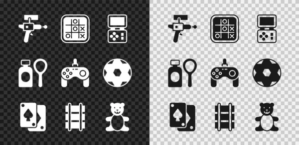 Set Ray gun, Tic tac toe game, Tetris electrics, Playing card, Toy Railway, Teddy Bear plush toy, Soap bubbles beach and Gamepad icon. Вектор — стоковий вектор