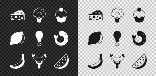 Establecer queso, brócoli, magdalena, plátano, salchicha en el tenedor, sandía, limón y pollo icono de la pierna. Vector — Archivo Imágenes Vectoriales