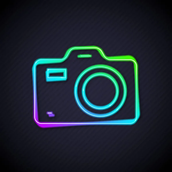 Glowing neon line Photo camera icon isolated on black background. Foto camera. Digital photography. Vector — Stock Vector