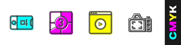 Set Foto-und Videoaufnahmen, Alter Film Countdown-Rahmen, Online-Spiel und Kamera-Symbol. Vektor — Stockvektor