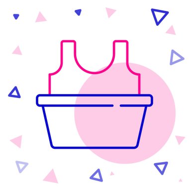 Çizgili plastik leğen ve beyaz arka planda izole edilmiş gömlek simgesi. Sulu kase. Çamaşır yıkama, temizlik malzemeleri. Renkli taslak konsepti. Vektör