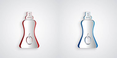 Kağıt kesiği sos şişesi simgesi gri arka planda izole edilmiş. Ketçap, hardal ve fast food için soslu mayonez şişeleri. Kağıt sanatı tarzı. Vektör