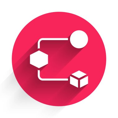 Uzun gölgeli beyaz Isome küp simgesi. Geometrik küp katı simge. 3 boyutlu kare işareti. Kutu sembolü. Kırmızı daire düğmesi. Vektör