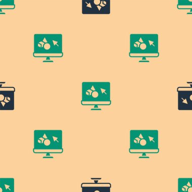 Yeşil ve siyah 3D yazıcı simgesi bej arka planda izole edilmiş kusursuz desen. 3D baskı. Vektör