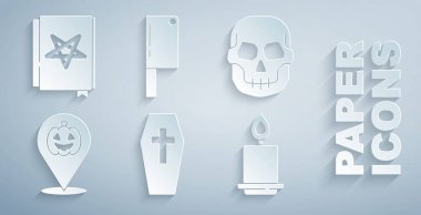 Tabut 'u haç, Kurukafa, Balkabağı, yanan mum, et helikopteri ve Antik büyü kitabı ikonu ile ayarla. Vektör